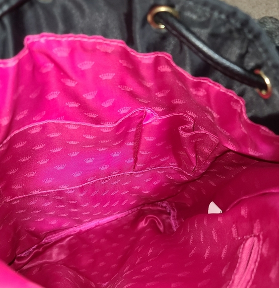 JUICY COUTURE Black Satin Sequin Quilted Drawstring Backpack With Gold Hardware - Picture 13 of 15